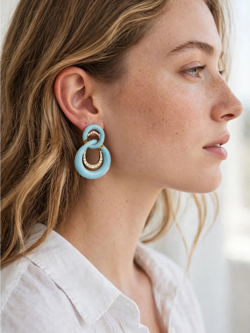 NEW Turquoise Enamel Interlocking Hoop Earrings 925 Silver Posts For Women E08